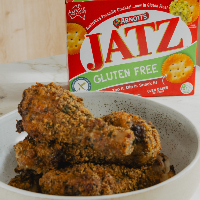 Parmesan and parsley Jatz crumbed chicken drums | Gluten Free